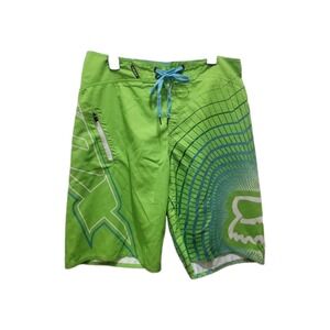Fox Boardshorts Men 34 Swim Surf Shorts Drawstring Green White Blue Activewear